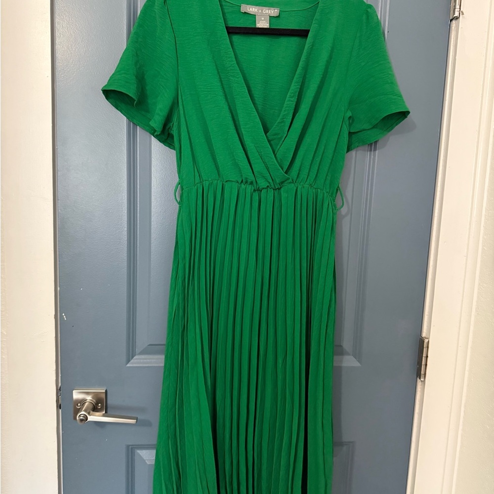 Green Wrap Maxi Dress with Pleated Skirt